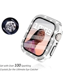 1pc Fashionable Gorgeous Double Rhinestone Pc Protection Case, Compatible With Apple Watch 38mm 40mm 41mm 42mm 44mm 45mm 49mm,Compatible With Apple Watch Series 1-9 & Se, With Tempered Glass Screen Protector, Full Coverage Ultra-thin Hard Shell Anti-collision Cover,For Women & Men
