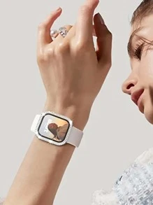 1pc Fashionable Gorgeous Double Rhinestone Pc Protection Case, Compatible With Apple Watch 38mm 40mm 41mm 42mm 44mm 45mm 49mm,Compatible With Apple Watch Series 1-9 & Se, With Tempered Glass Screen Protector, Full Coverage Ultra-thin Hard Shell Anti-collision Cover,For Women & Men