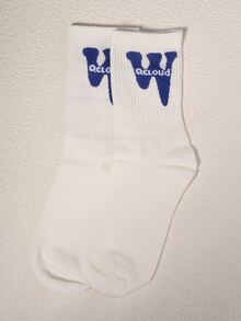 一對的流行藍白色W英語字母提花休閒男士中筒襪 - 彩色 - 查看 2