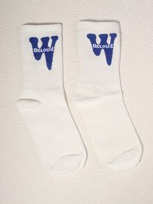 一對的流行藍白色W英語字母提花休閒男士中筒襪 - 彩色 - 查看 3