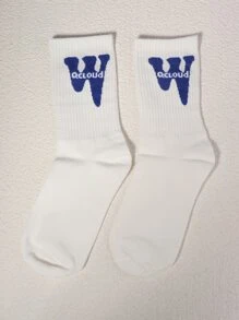 一對的流行藍白色W英語字母提花休閒男士中筒襪 - 彩色 - 查看 1