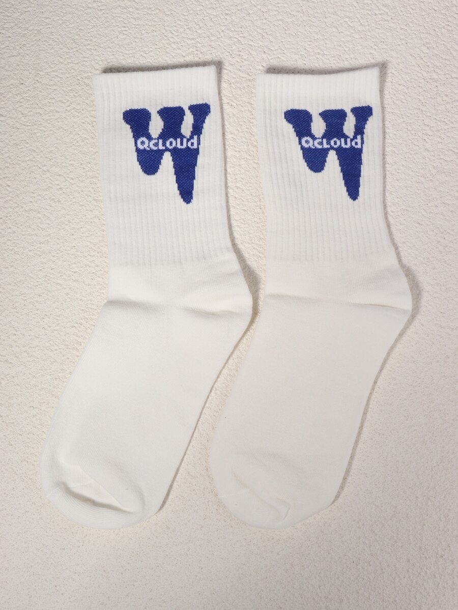 一對的流行藍白色W英語字母提花休閒男士中筒襪 - 彩色 - 查看 1