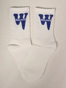 一對的流行藍白色W英語字母提花休閒男士中筒襪 - 彩色 - 查看 4