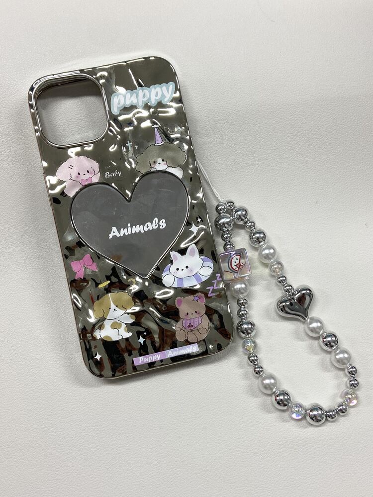 電気メッキかわいい朝食をテーマにした犬の頭のデザイン電話ケース、ストラップ付き、iPhone 11/12/13シリーズ対応女性用