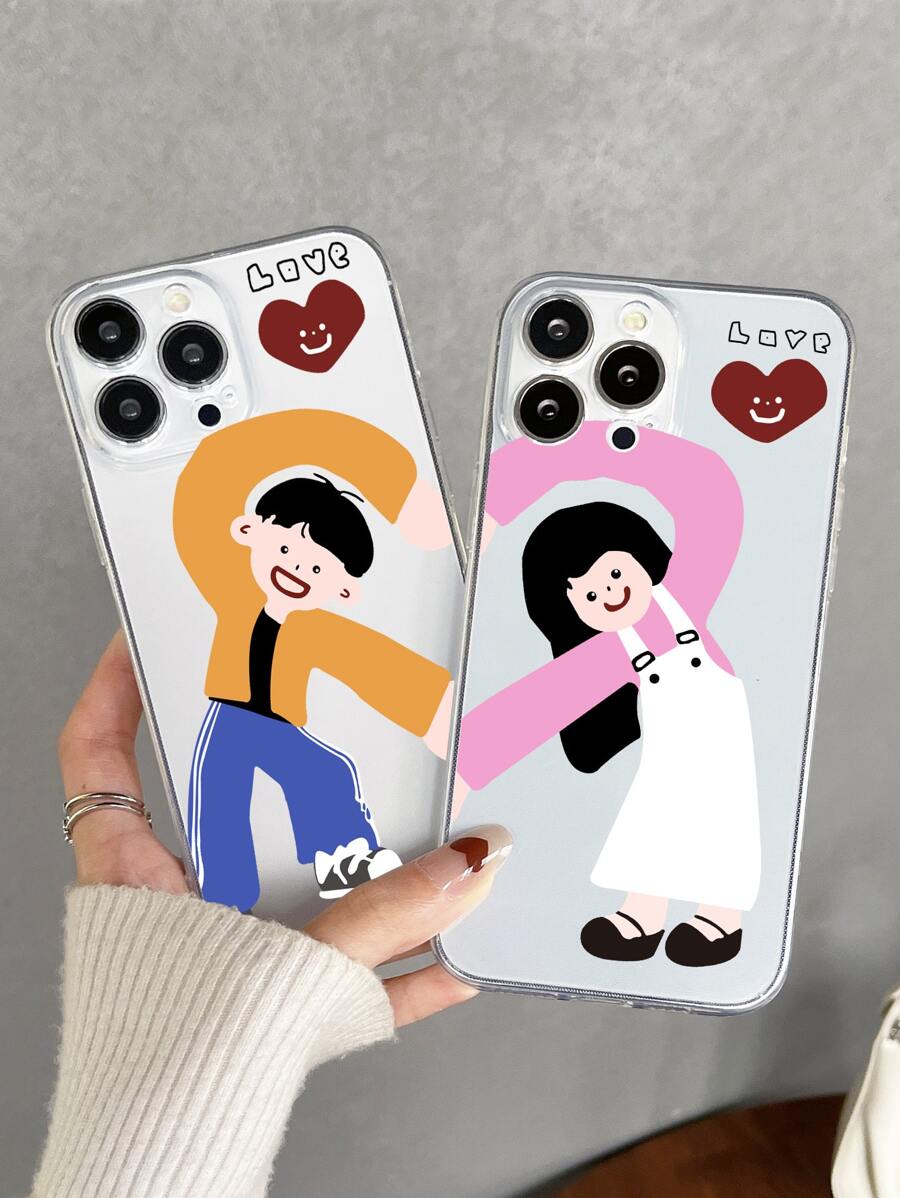 2pcs Couple Cartoon Figure Graphic Clear Phone Case - Multicolor - View 1