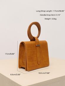 CEZIRA 迷你頂部單手提帶方形錢包時尚木柄包適合女士鱷魚紋PU皮革翻蓋手袋長款帶斜挎包 - 棕色 - 查看 7