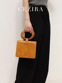 CEZIRA 迷你頂部單手提帶方形錢包時尚木柄包適合女士鱷魚紋PU皮革翻蓋手袋長款帶斜挎包 - 棕色 - 查看 1