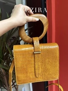 CEZIRA 迷你頂部單手提帶方形錢包時尚木柄包適合女士鱷魚紋PU皮革翻蓋手袋長款帶斜挎包 - 棕色 - 查看 2