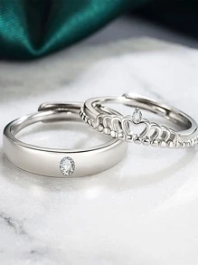 2pcs Crown Shaped Adjustable Couple Rings, "two Princesses And A Knight" Theme - Silver - View 1