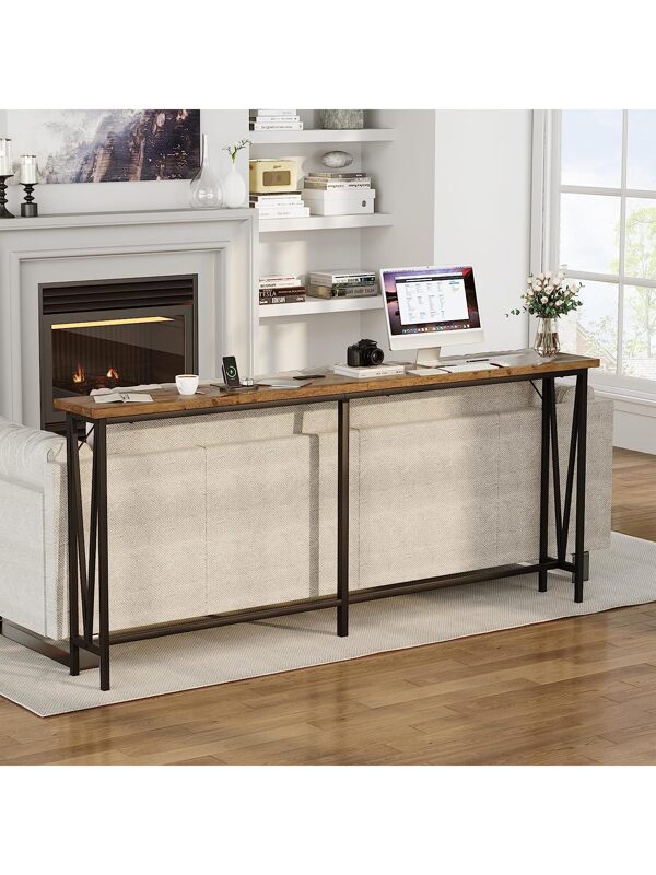 Sofa Tables Narrow Long, Rustic Console Table with Power Outlets, 72.8
