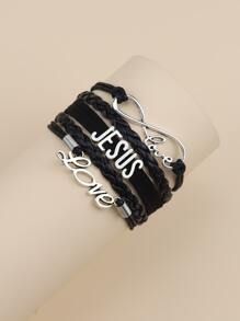 1入組耶穌愛人我皮革手鍊多層包裹十字架基督教皮革手鍊男女，無限愛耶穌手鍊 - 黑色 - 查看 3