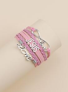 1入組耶穌愛人我皮革手鍊多層包裹十字架基督教皮革手鍊男女，無限愛耶穌手鍊 - 粉色 - 查看 2