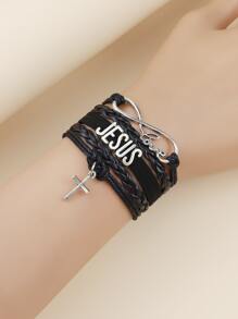 1入組耶穌愛人我皮革手鍊多層包裹十字架基督教皮革手鍊男女，無限愛耶穌手鍊 - 粉色 - 查看 4