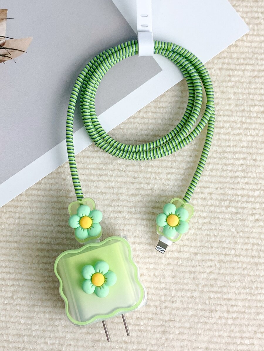 5入組花朵裝飾數據線保護頭和充電頭套套裝帶蘋果充電器 - 彩色 - 查看 1