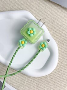 5入組花朵裝飾數據線保護頭和充電頭套套裝帶蘋果充電器 - 彩色 - 查看 2