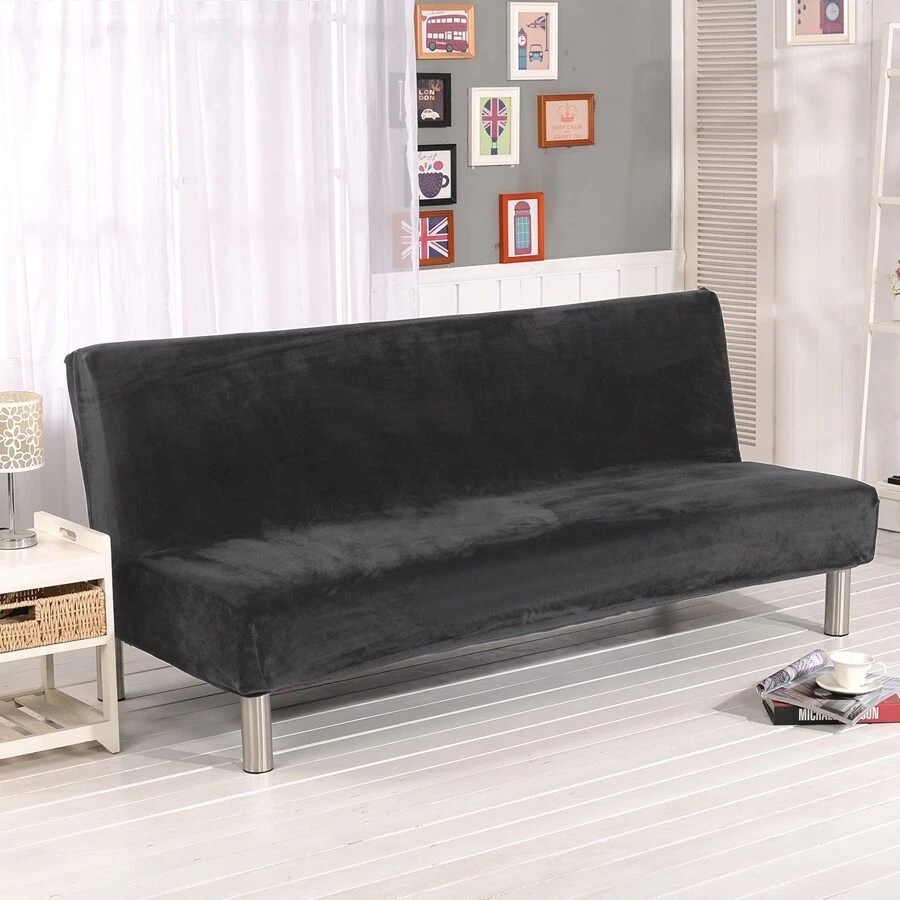 Velvet Futon Slipcovers Stretch Folding Sofa Bed Cover with Elastic Bottom - Màu xám đen - Xem 1
