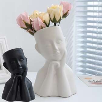 1pc Creative Ceramic Portrait Vase With Hand Supporting Chin Home Decor Room Decor Flower Vase Glass Vase
