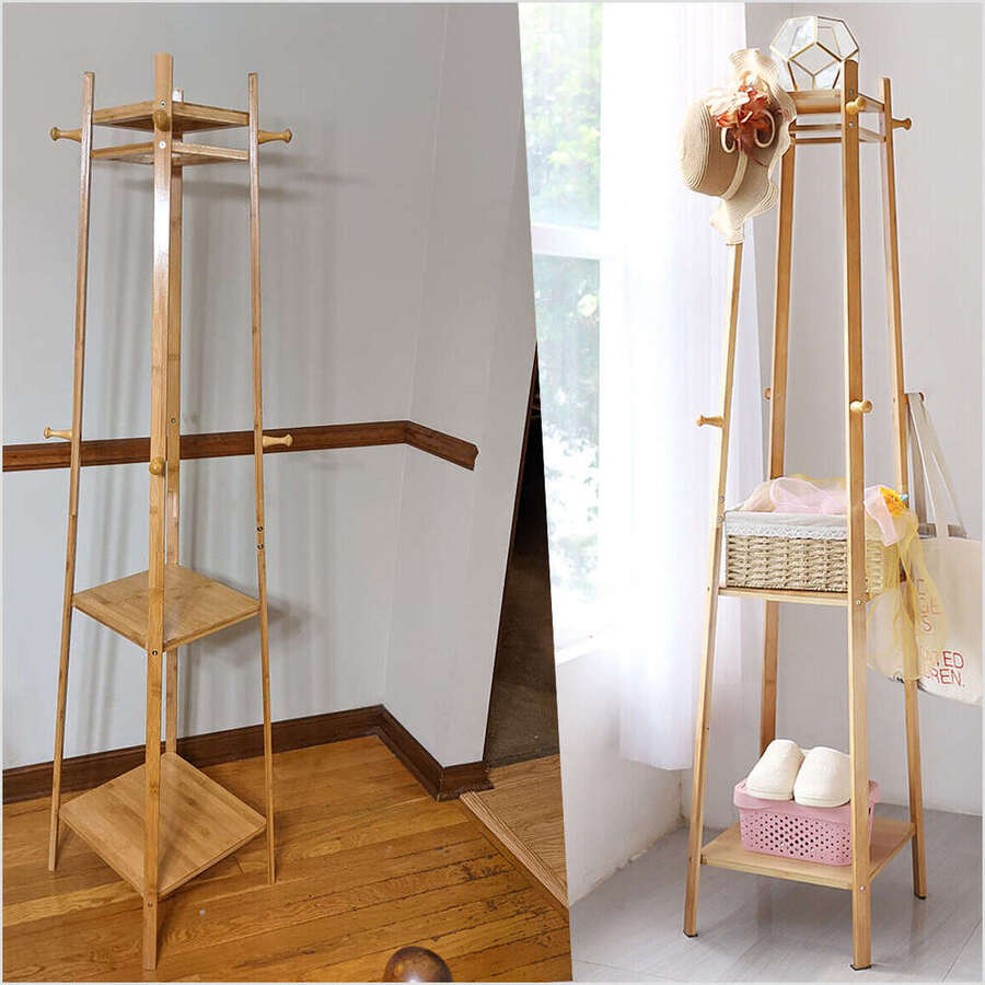 Sturdy Floor Wood Clothes Boxes Hat Coat Rack Corner Tree Bedroom Home - Brown - View 1