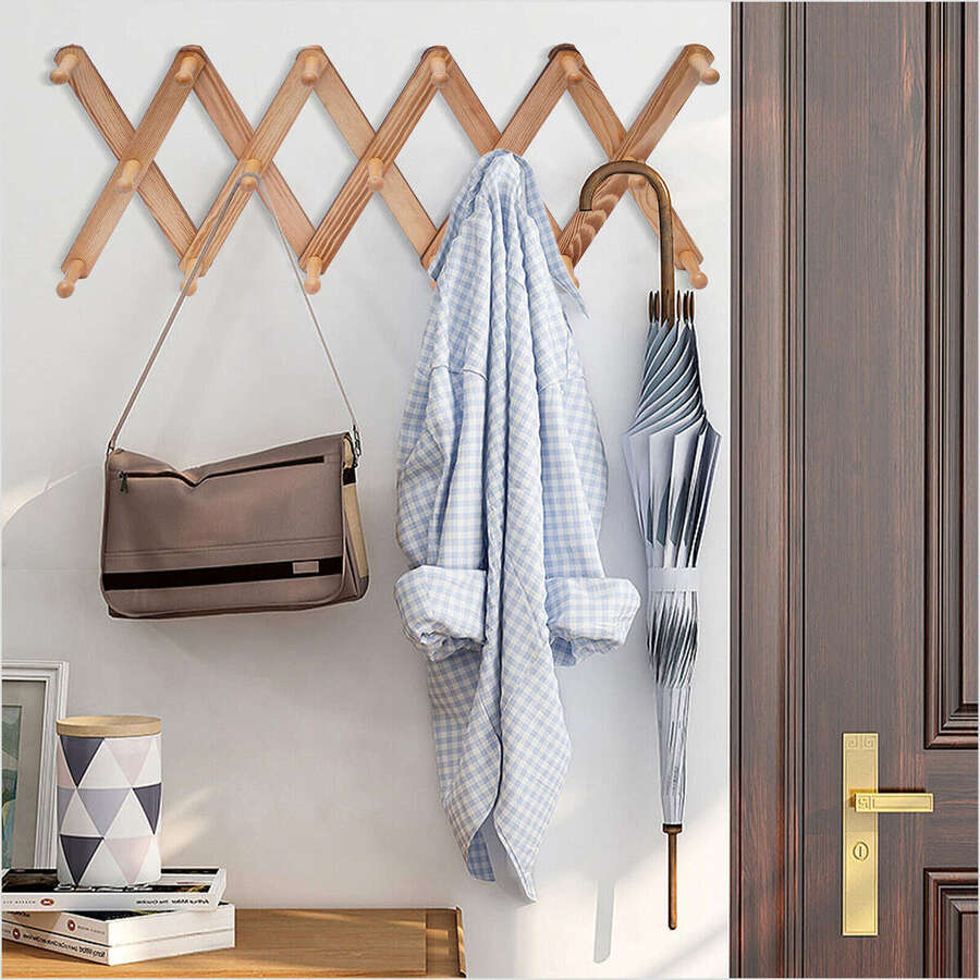 Accordian Wall-Mounted Hanger 17 Hooks Wooden Wall Coat Rack Expandable Hat Rack - Brown - View 1