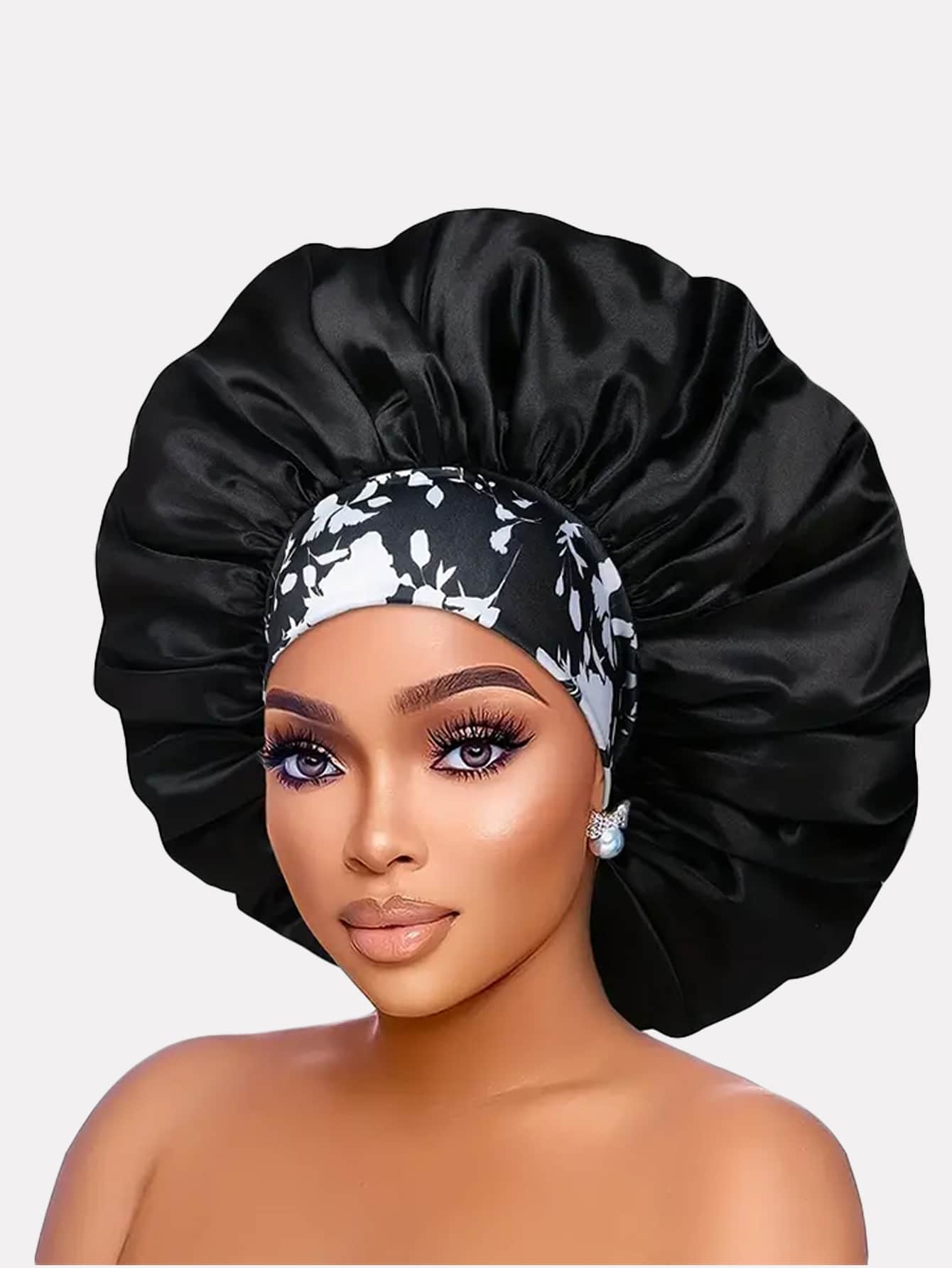 1 chiếc mũ ngủ bằng satin co giãn vành rộng dành cho nữ, mũ ngủ bằng lụa, mũ ngủ bằng satin. - màu đen - Xem 1