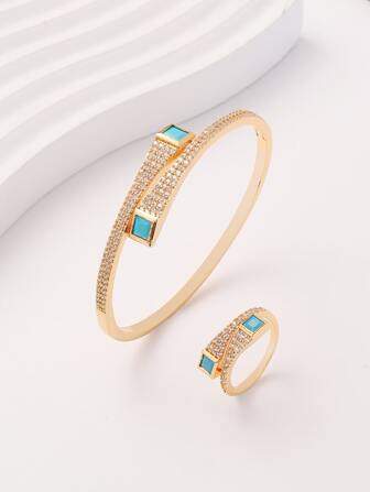 1set Women's New Korean Style 14k Gold Plated Copper Square Pine Stone & Cubic Zirconia Vintage Bracelet Ring Set