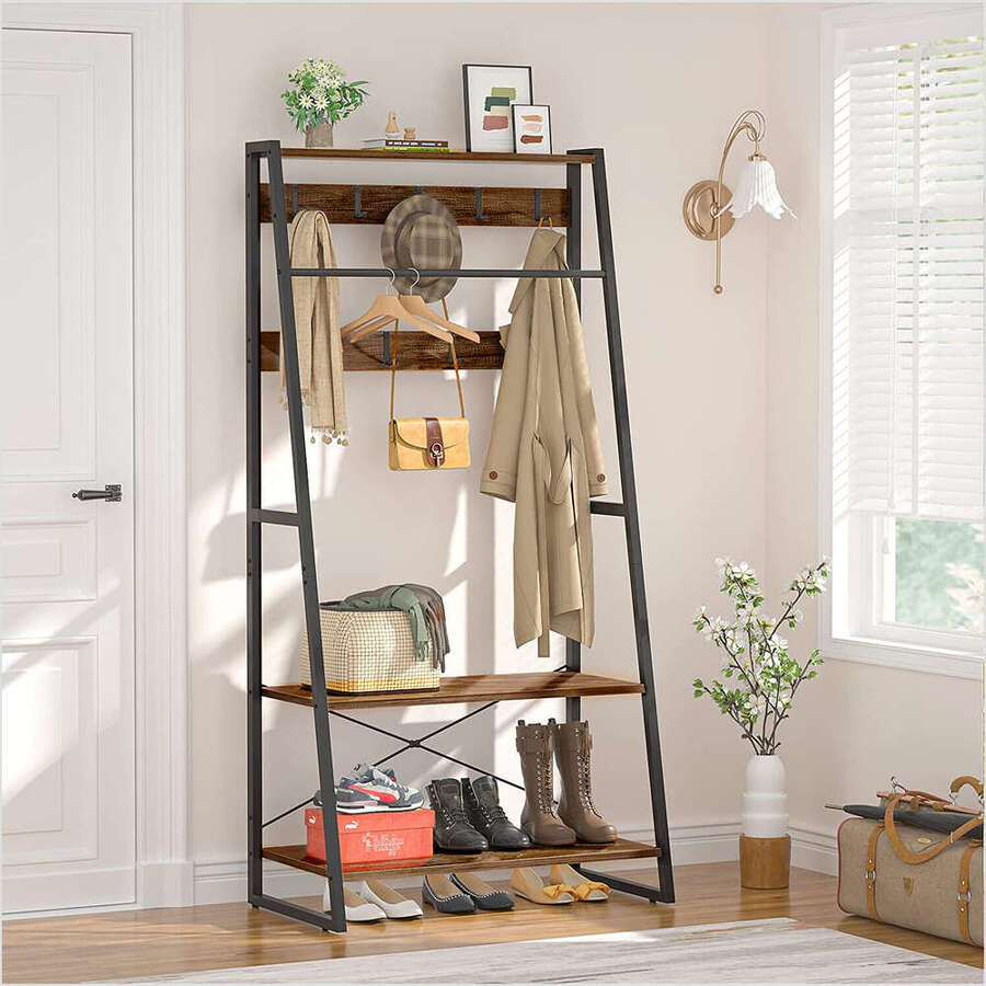 Freestanding ENTtry Coat Stand Hall Tree Shoe Rack Scarf Bag Hanger Open Wardrobe - màu đen - Xem 1