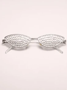 1pc Small Frame Cat Eye Fashion Glasses With Handmade Rhinestone Decoration, Y2k Style - Silver - View 2