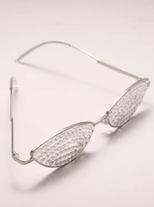 1pc Small Frame Cat Eye Fashion Glasses With Handmade Rhinestone Decoration, Y2k Style - Silver - View 4