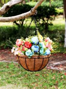 1 pieza 8 pulgadas redondo hierro coco fibra Plantador Cesta , colgante Maceta con cadena - Negro - Ver 1