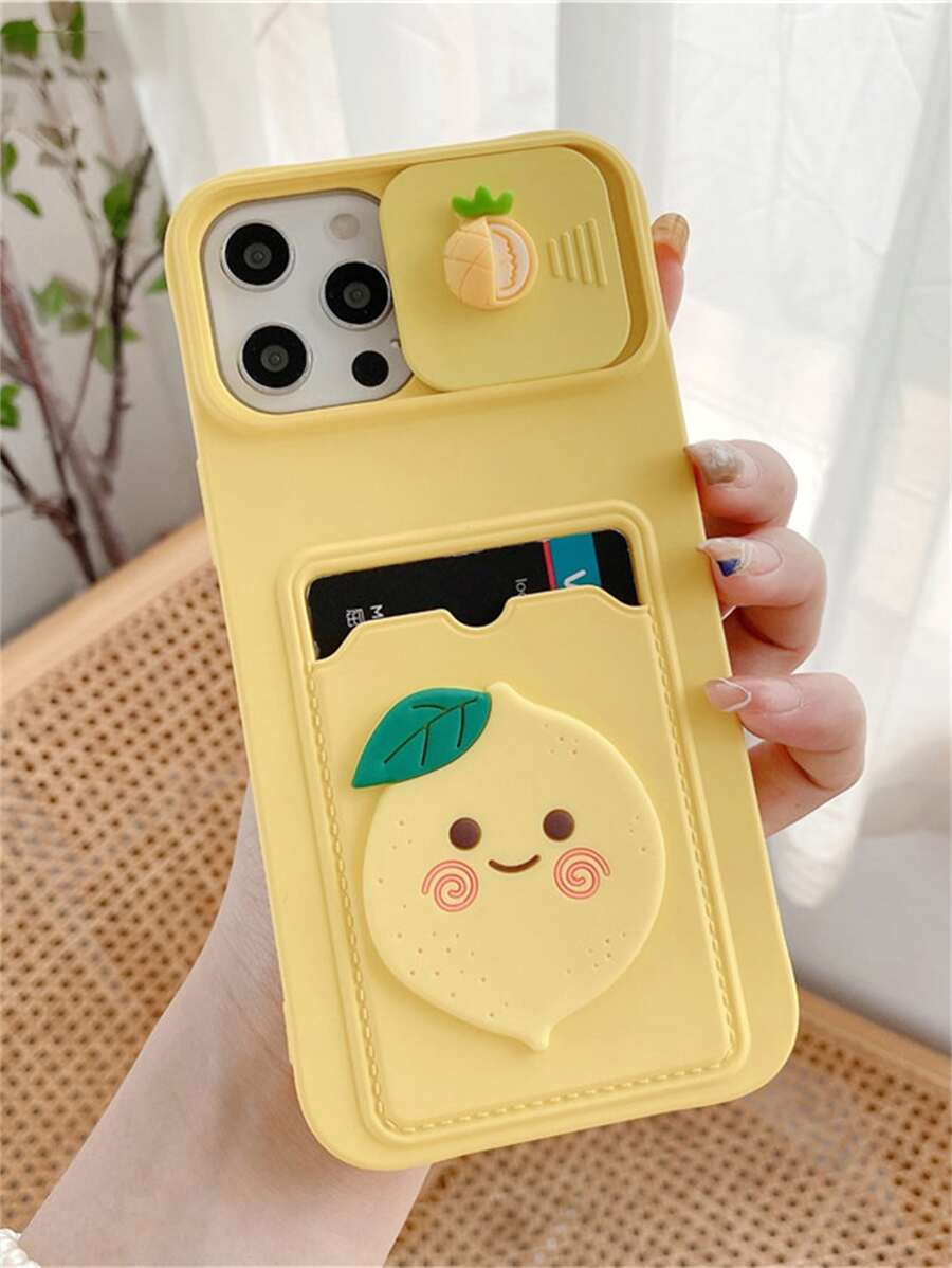 Summer Cartoon Lemon Decor Phone Case With Card Slot - Yellow - View 1