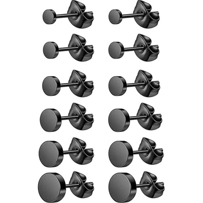 PMKMKM 1雙不銹鋼黑色圓形耳釘316L中性簡約風和時尚鈦鋼耳朵首飾類禮品適用於節假日