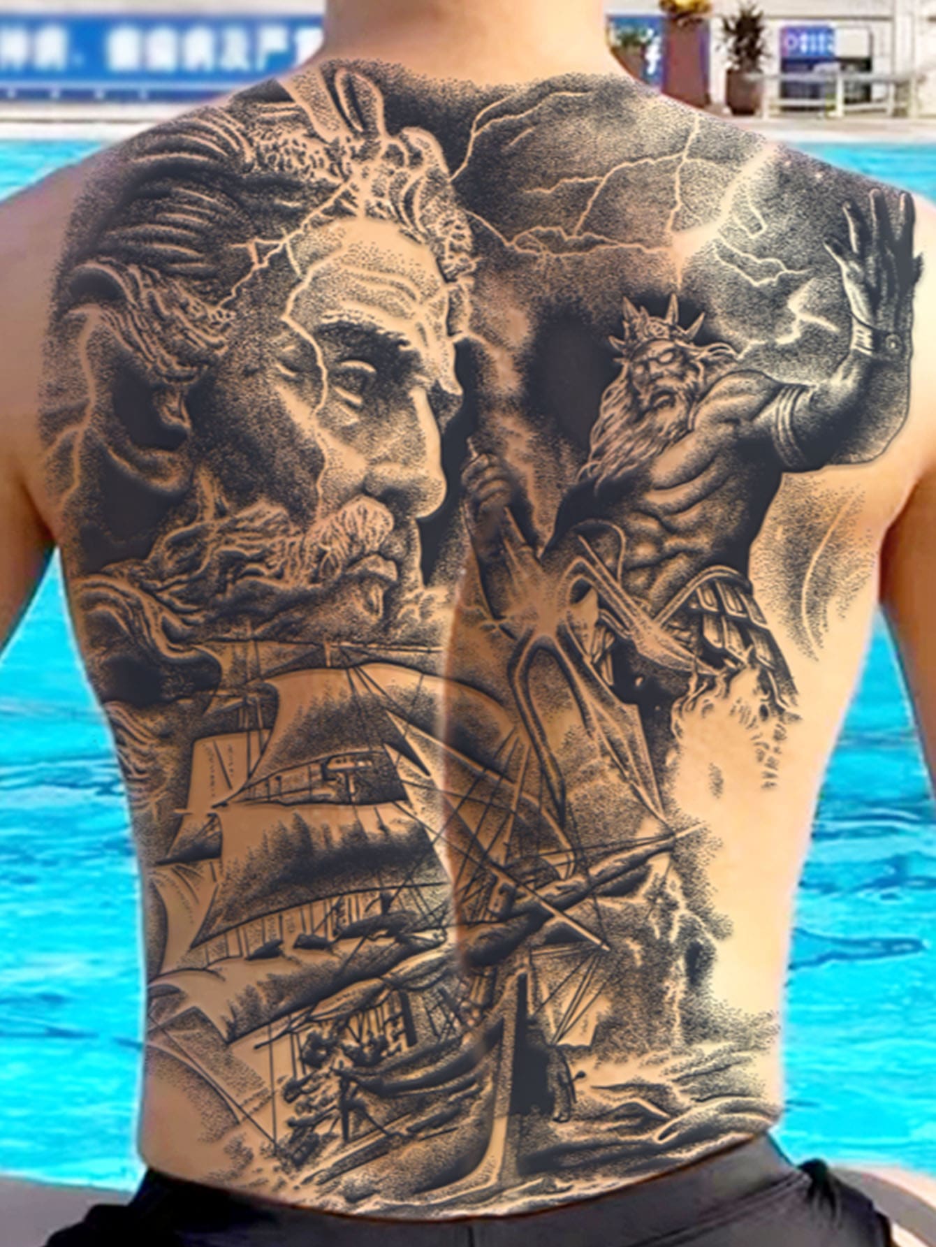 1 Pieza Calcomanía De Tatuaje Para La Espalda Completa, Estilo De Escultura Europea, Resistente Al Agua, No Reflectante, Color De Tatuaje - Negro - Ver 1