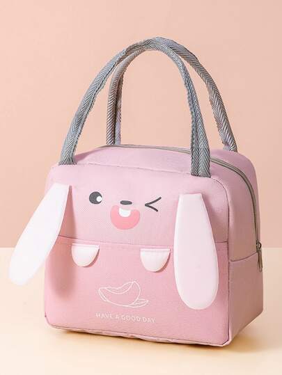 1 Oxford Fabric Pink Cartoon Large Capacity Thermal Insulated Lunch Bag With Aluminum Foil, Zipper Closure And Handle, For Lunchbox Or Storage, Kitchen, Christmas Gift