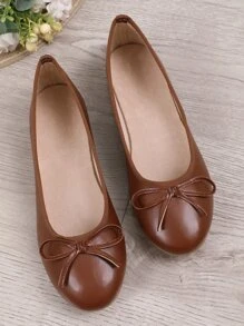New Spring Summer Autumn Flat Ballet Shoes, Low-Cut Soft Comfortable Lightweight Low Heel Bowknot Shoes For Grandma, Fashionable Work Shoes, Brown