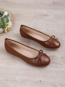 New Spring Summer Autumn Flat Ballet Shoes, Low-Cut Soft Comfortable Lightweight Low Heel Bowknot Shoes For Grandma, Fashionable Work Shoes, Brown