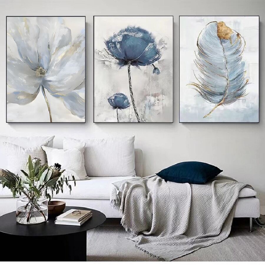 Bộ Của 3 Nghệ thuật trừu tượng Phong cách Bắc Âu Đồ trang trí Bức tranh In Xanh Và Vàng Thực vật Lá cây In hoa tranh sơn dầu , Hiện đại Nhà  Trang trí tường - màu sắc - Xem 1