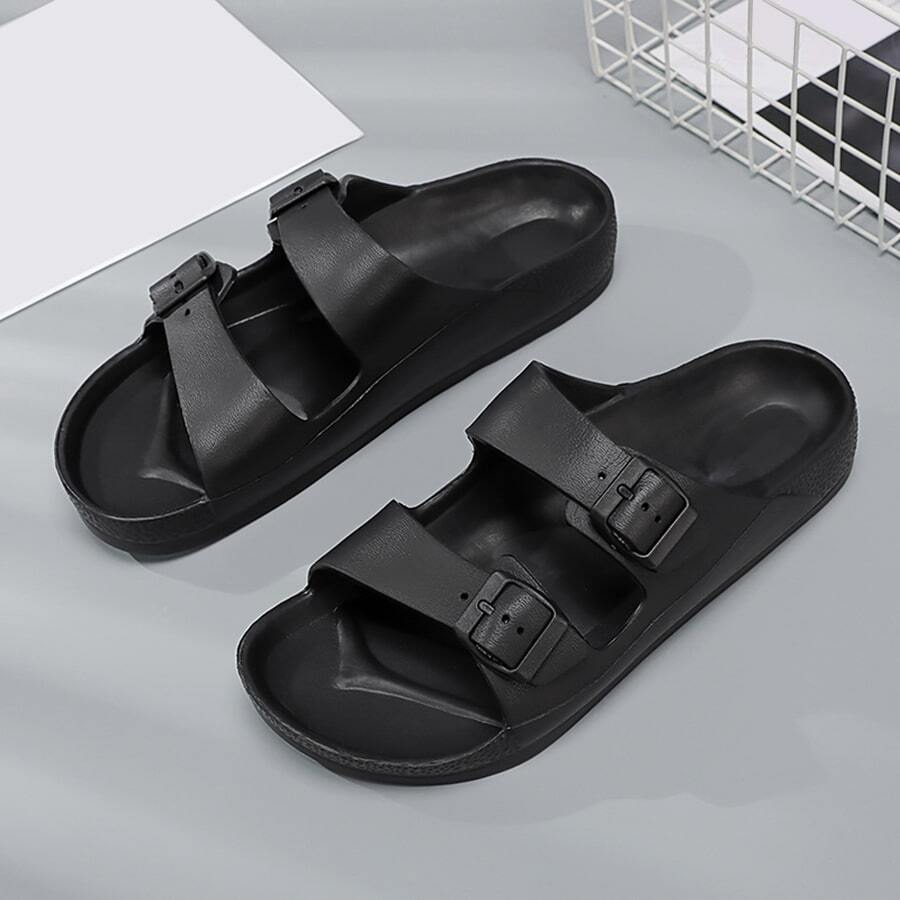 Men's Buckle Decorated Slippers, Fashionable Outdoor Choice - Black - View 1