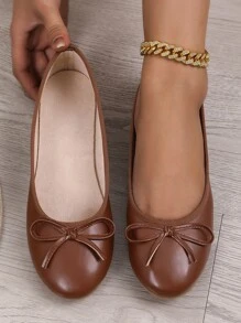 New Spring Summer Autumn Flat Ballet Shoes, Low-Cut Soft Comfortable Lightweight Low Heel Bowknot Shoes For Grandma, Fashionable Work Shoes, Brown