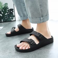 Men's Buckle Decorated Slippers, Fashionable Outdoor Choice - Black - View 2