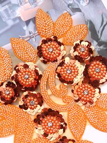 釘珠刺繡熱的鑽孔服裝&家紡DIY配飾3D花帶亮片&蕾絲麵料材料-寬度:21.5cm - 橘色 - 查看 3