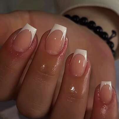 24Pcs Short Nails Press On Nails White Nails French Nails +One File +1 Adhesive Tape Nail Supplies Nails