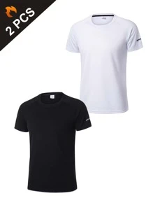 2入組男款寬鬆運動短袖t恤,透氣網眼材質,適用於夜跑、跑步、訓練等場合,適合男士健身服裝 - 黑與白 - 查看 1
