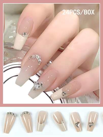 24pcs Long Coffin Shape False Nails Set With Shiny Gradient French & Rhinestone Design For Business, Party, Daily Wear Press On Nails Nail Supplies