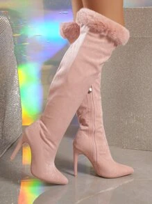 Women's Classic Velvet Decorated Side Zipper Faux Suede Stiletto Heel Boots - Pink - View 1