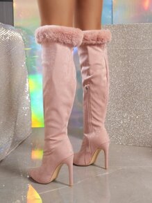 Women's Classic Velvet Decorated Side Zipper Faux Suede Stiletto Heel Boots - Pink - View 4