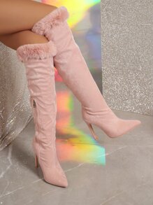 Women's Classic Velvet Decorated Side Zipper Faux Suede Stiletto Heel Boots - Pink - View 5