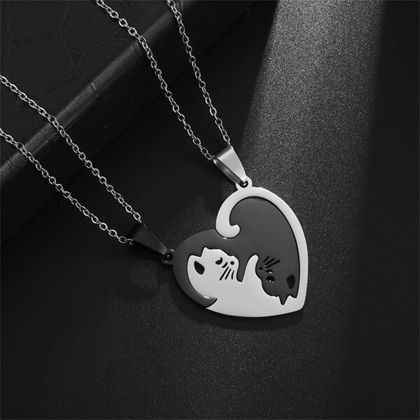 1pair Cute Cat & Heart Design Couple Necklace Valentines,Mom,Mother,Mother's Day,Gift