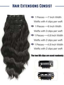 تمديدات شعر تركيبية مع مشابك 4 قطع/مجموعة موجية يُلبس بالمشبك من ألياف حرارية مقاومة في درجات الحرارة، بني وأسود - الأسود - مشاهدة 3