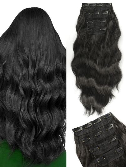 تمديدات شعر تركيبية مع مشابك 4 قطع/مجموعة موجية يُلبس بالمشبك من ألياف حرارية مقاومة في درجات الحرارة، بني وأسود