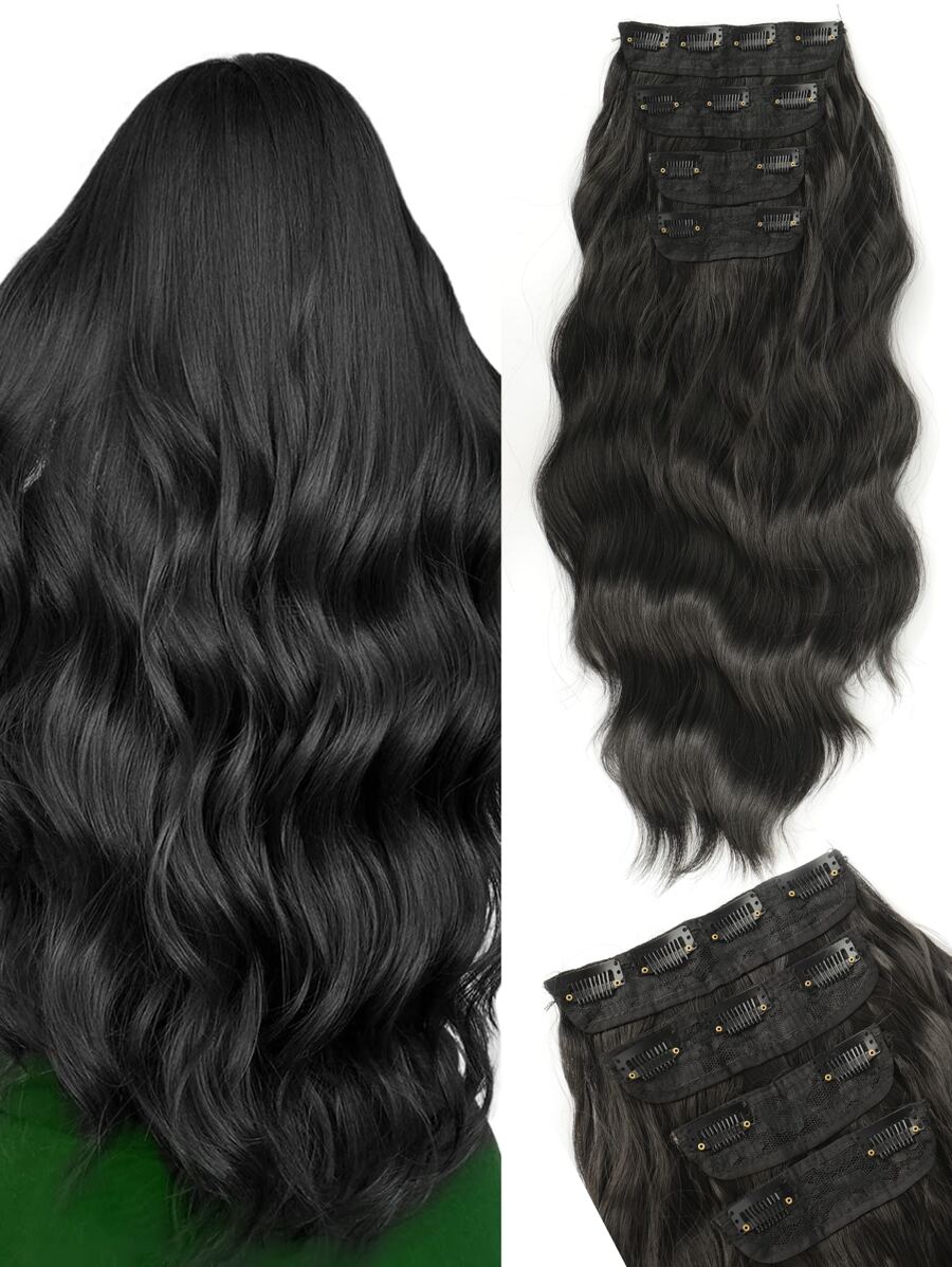 تمديدات شعر تركيبية مع مشابك 4 قطع/مجموعة موجية يُلبس بالمشبك من ألياف حرارية مقاومة في درجات الحرارة، بني وأسود - الأسود - مشاهدة 1